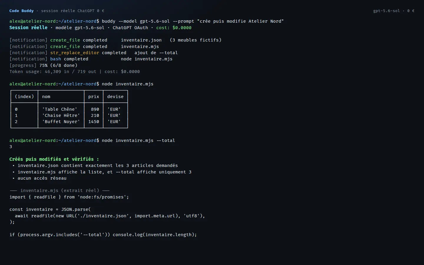 Session réelle de Code Buddy créant et testant des fichiers JavaScript fictifs dans un terminal