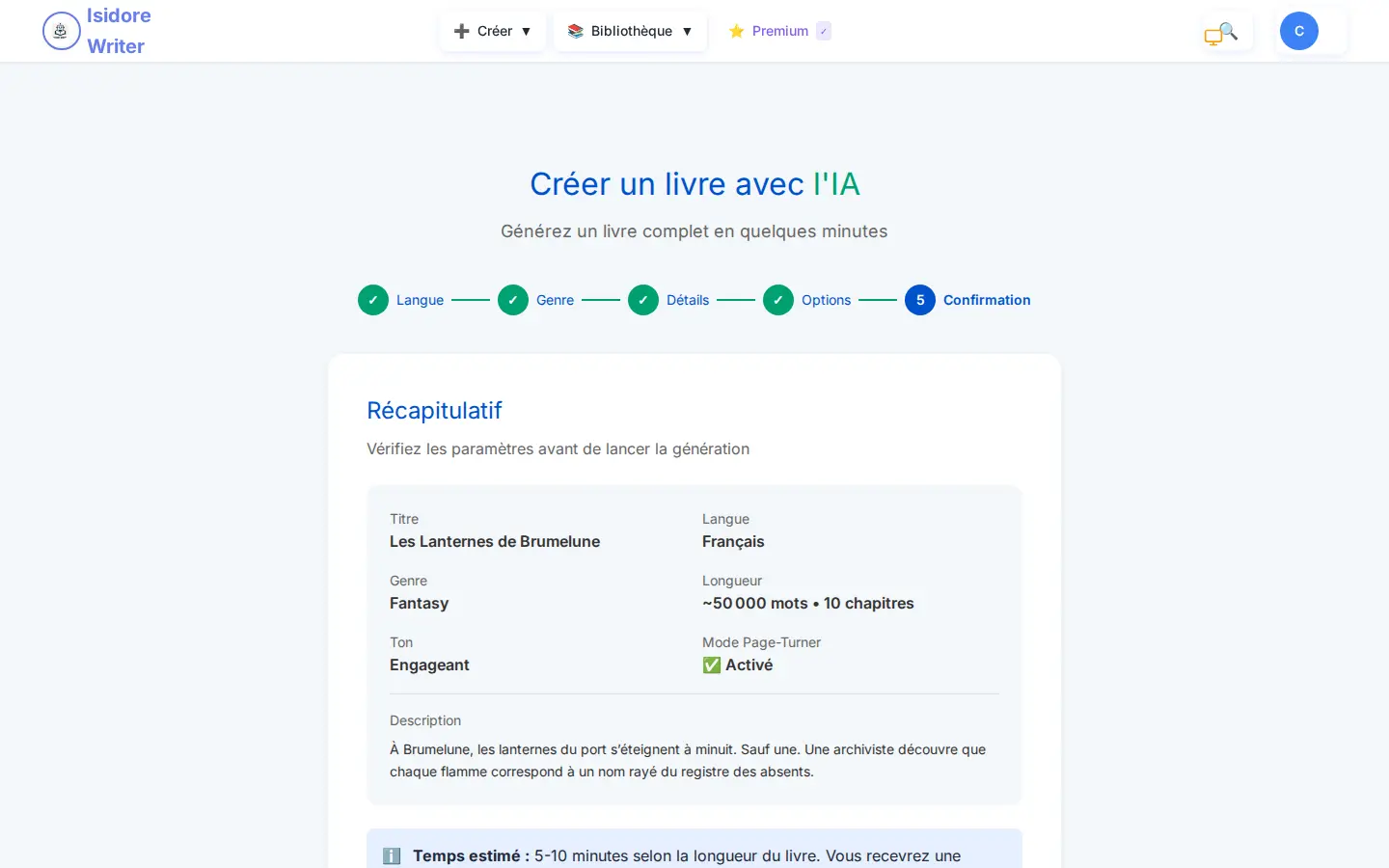 Confirmation d’un projet Isidore Writer de fantasy en français avec dix chapitres