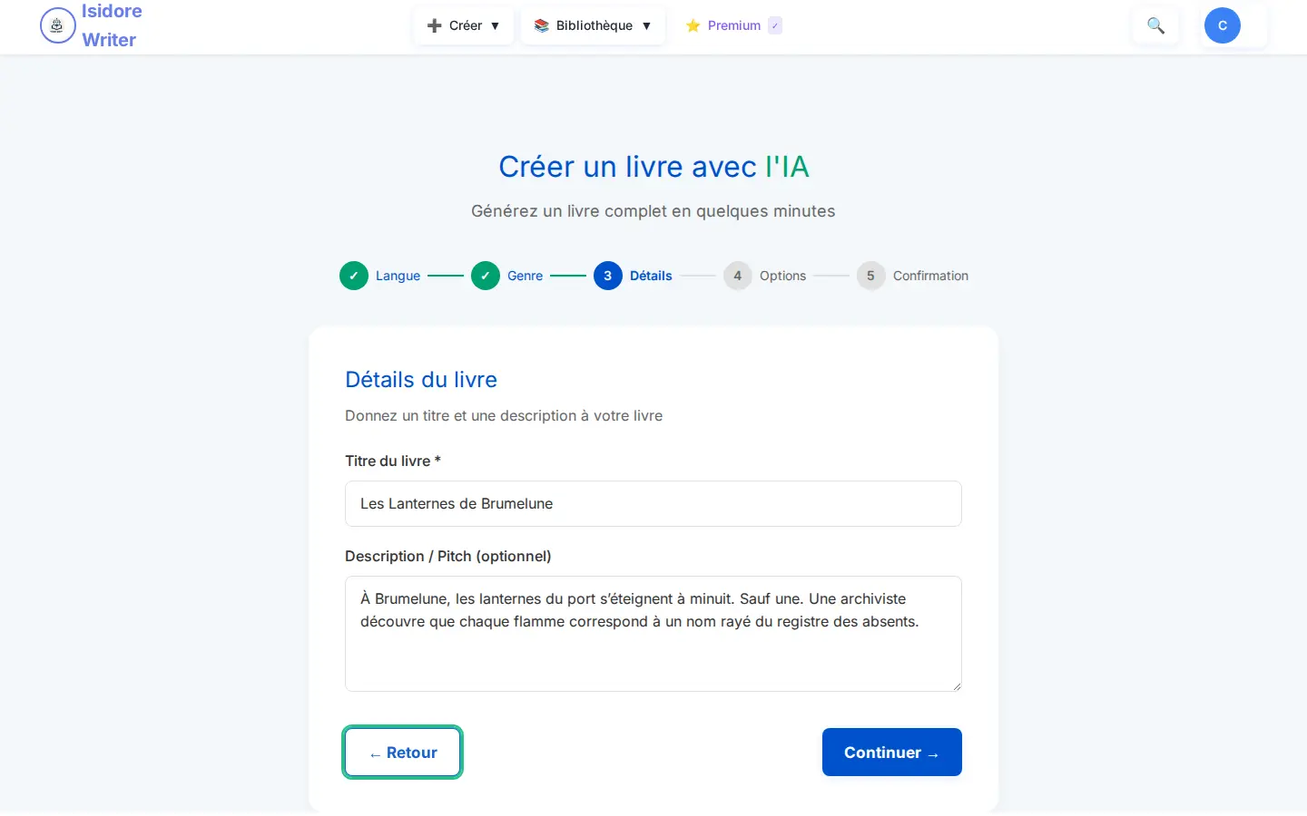 Assistant de création Isidore Writer avec titre, pitch, langue et genre renseignés