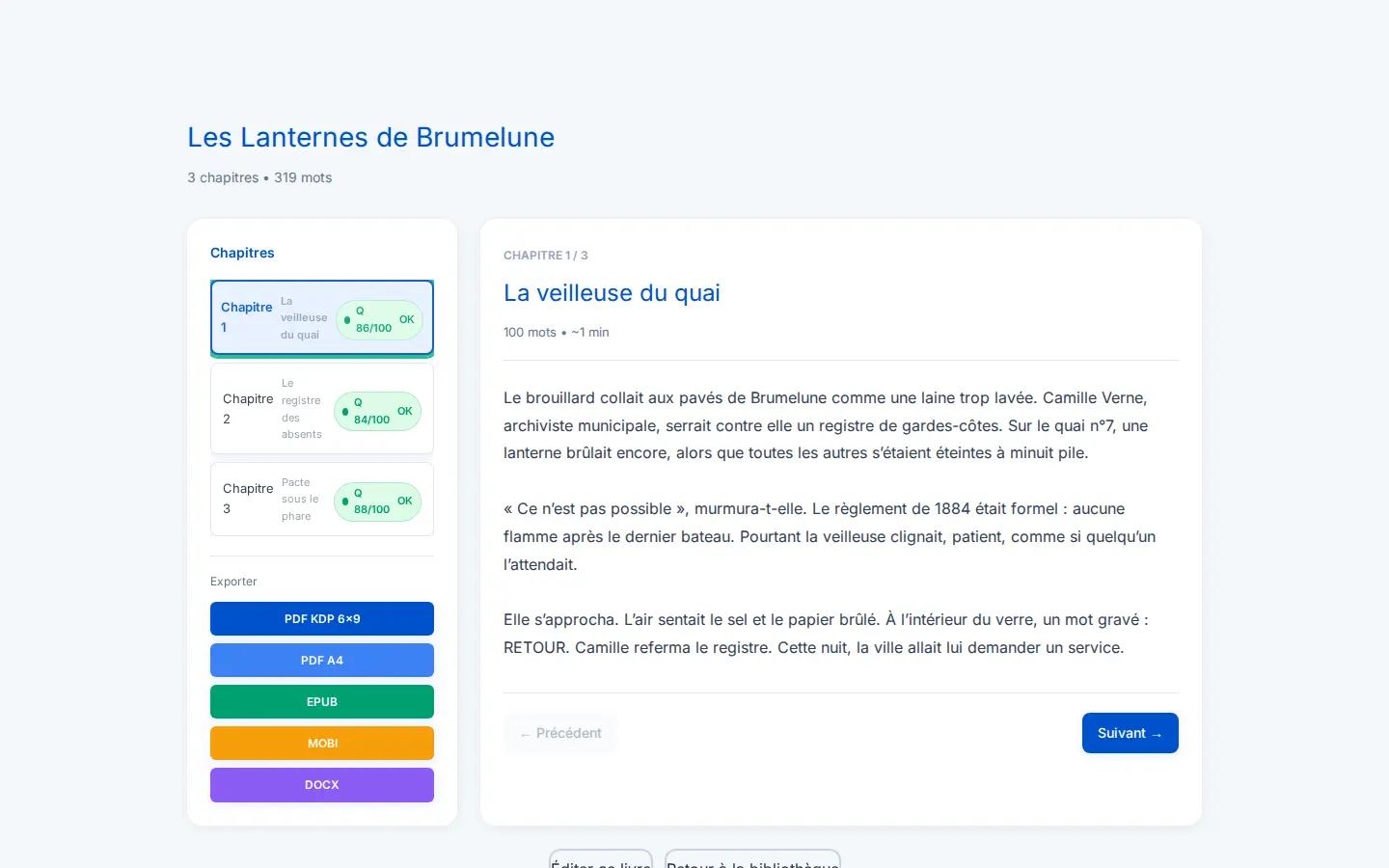 Chapitre d’Isidore Writer avec sommaire, scores de validation et boutons d’export