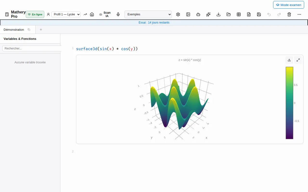 Surface mathématique en trois dimensions dans Mathery Pro