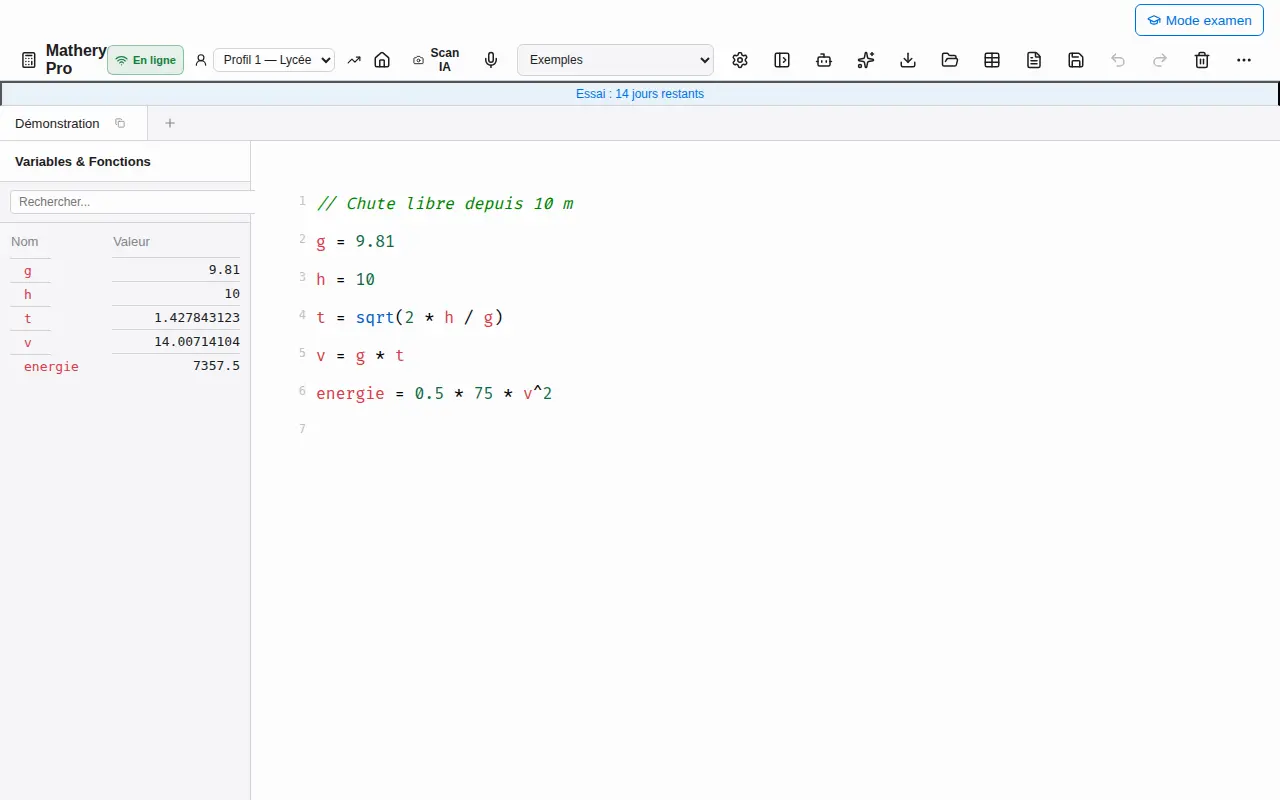 Notebook Mathery Pro affichant des calculs, variables et résultats