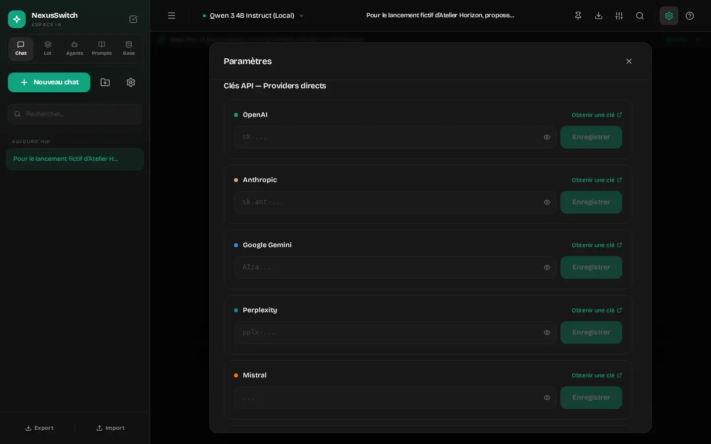 Réglages NexusSwitch listant OpenAI, Anthropic, Google Gemini, Perplexity et Mistral