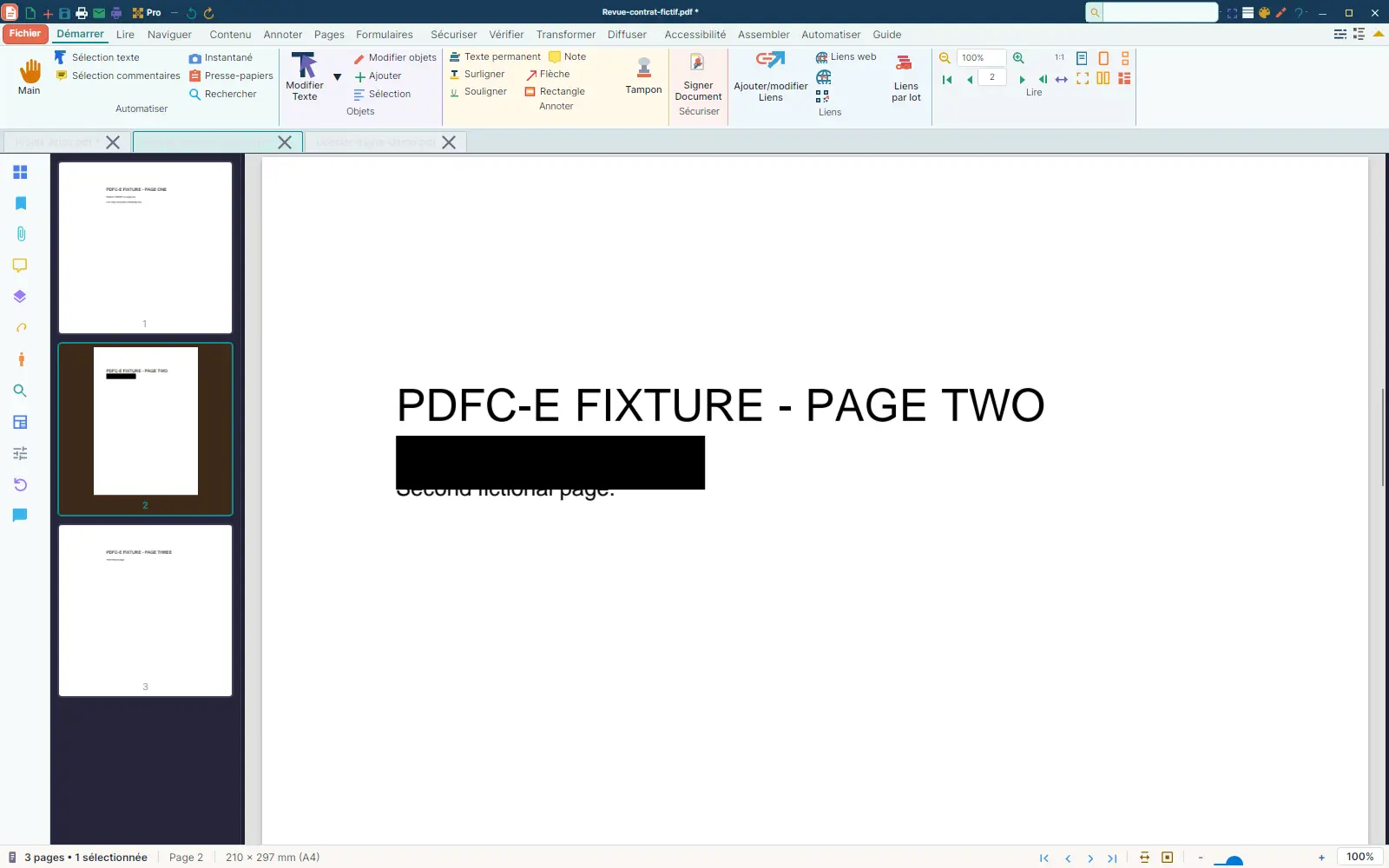 PdfCommander affichant une annotation sélectionnée sur la page 2 d’un PDF fictif