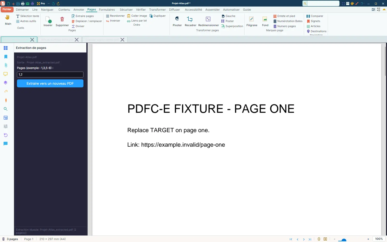 PdfCommander affichant une extraction réussie de deux pages vers un nouveau PDF