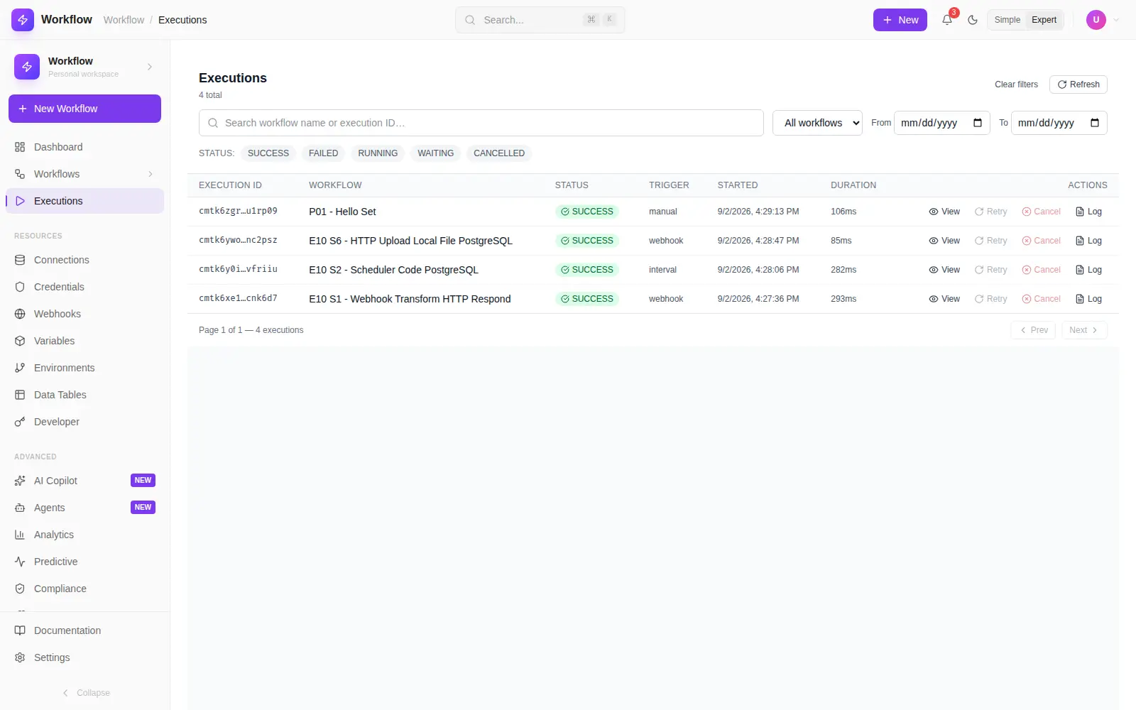 Historique WorkflowBuilder Pro affichant des exécutions, leur déclencheur et leur durée